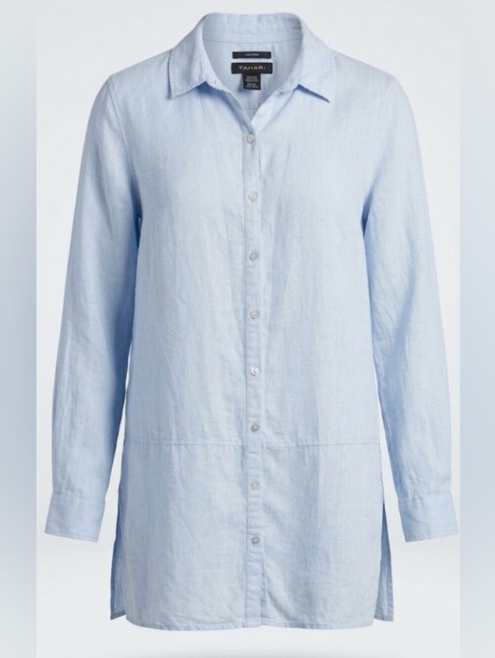 Tahari 100% Linen Light Blue Long-Sleeve Button-Down Tunic Shirt (Sz M)